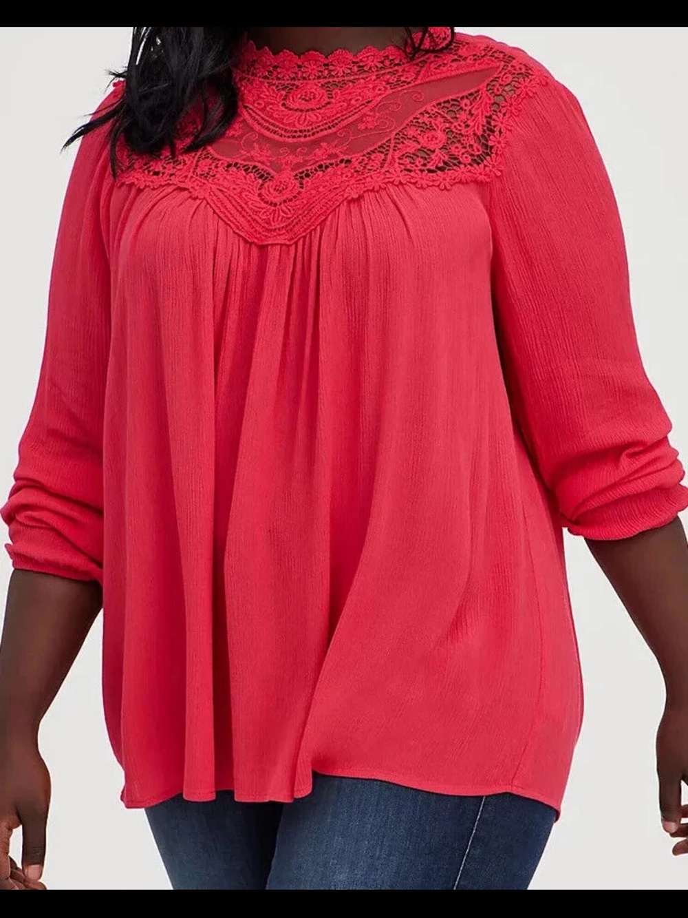 Torrid Romantic Crochet Blouse Crinkle Gauze Lace Red Magenta Feminine Size M